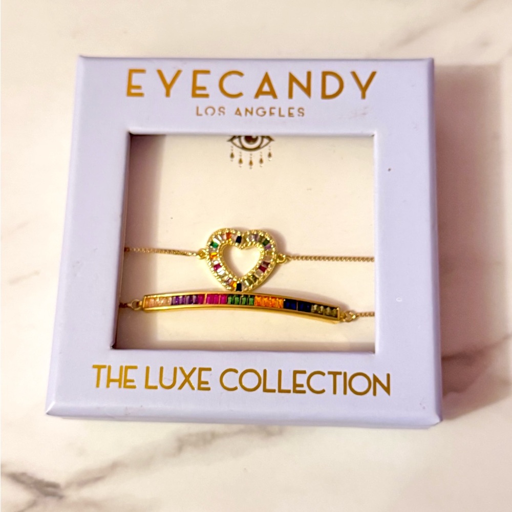 *NEW* Eye Candy Rainbow Heart Gold Tone 2 Bracelet Set Jeweled Slider Bracelets